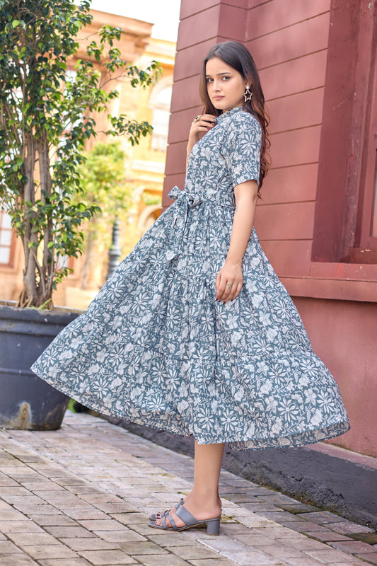 GREY COTTON FLAYRED PRINT KURTI