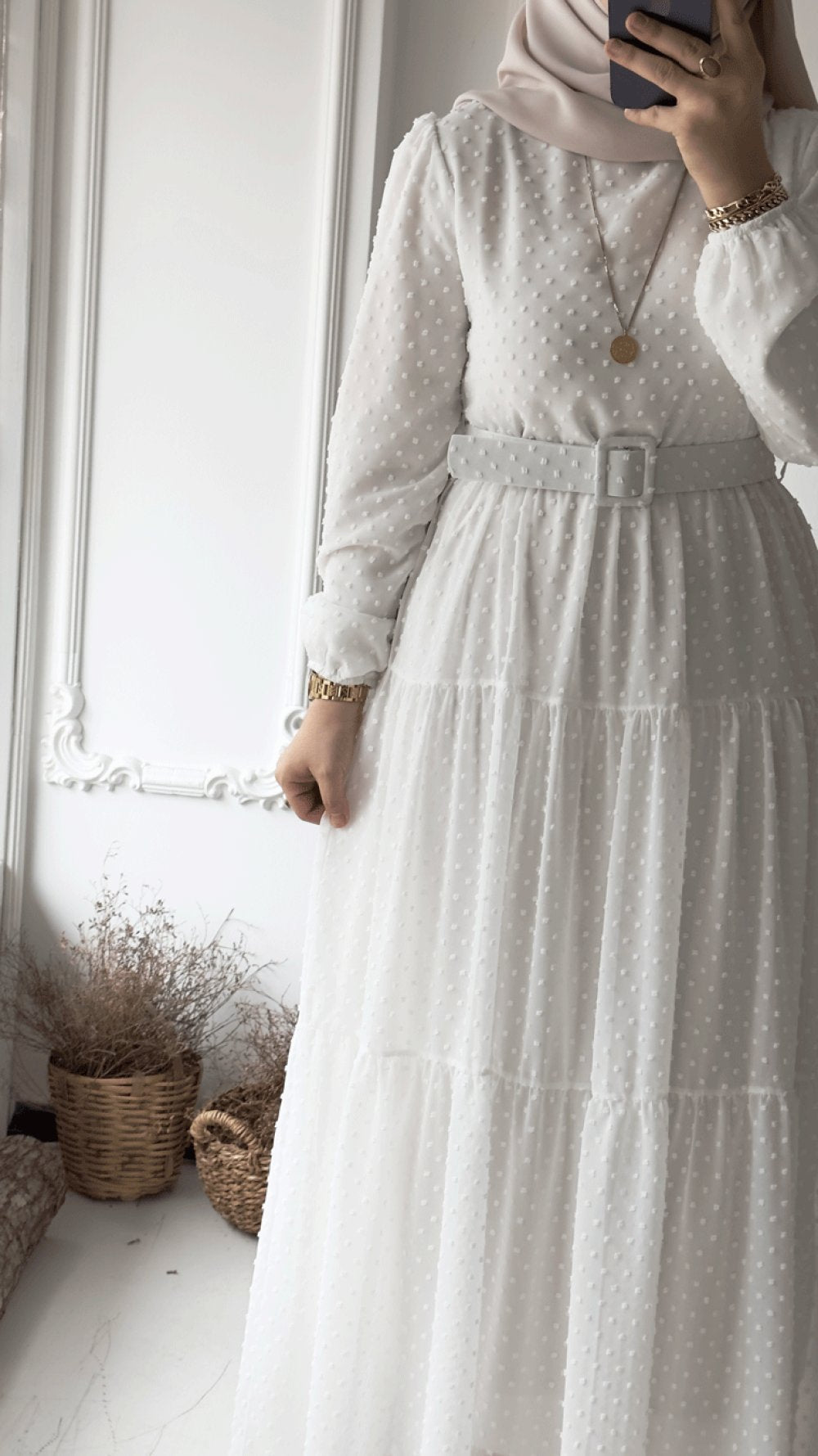Women's White embellished Maxi Dress with Belt – Full Length 56 Inch