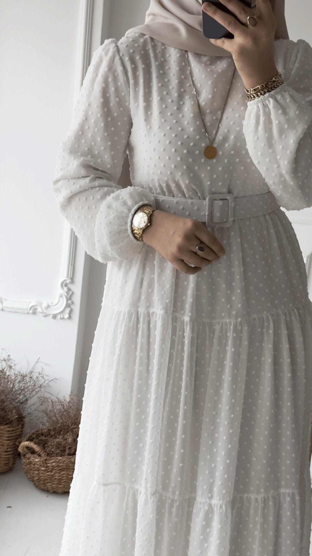 Women's White embellished Maxi Dress with Belt – Full Length 56 Inch