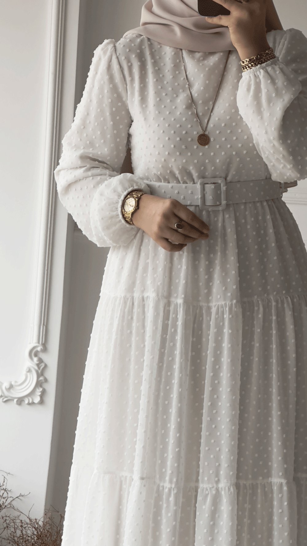Women's White embellished Maxi Dress with Belt – Full Length 56 Inch