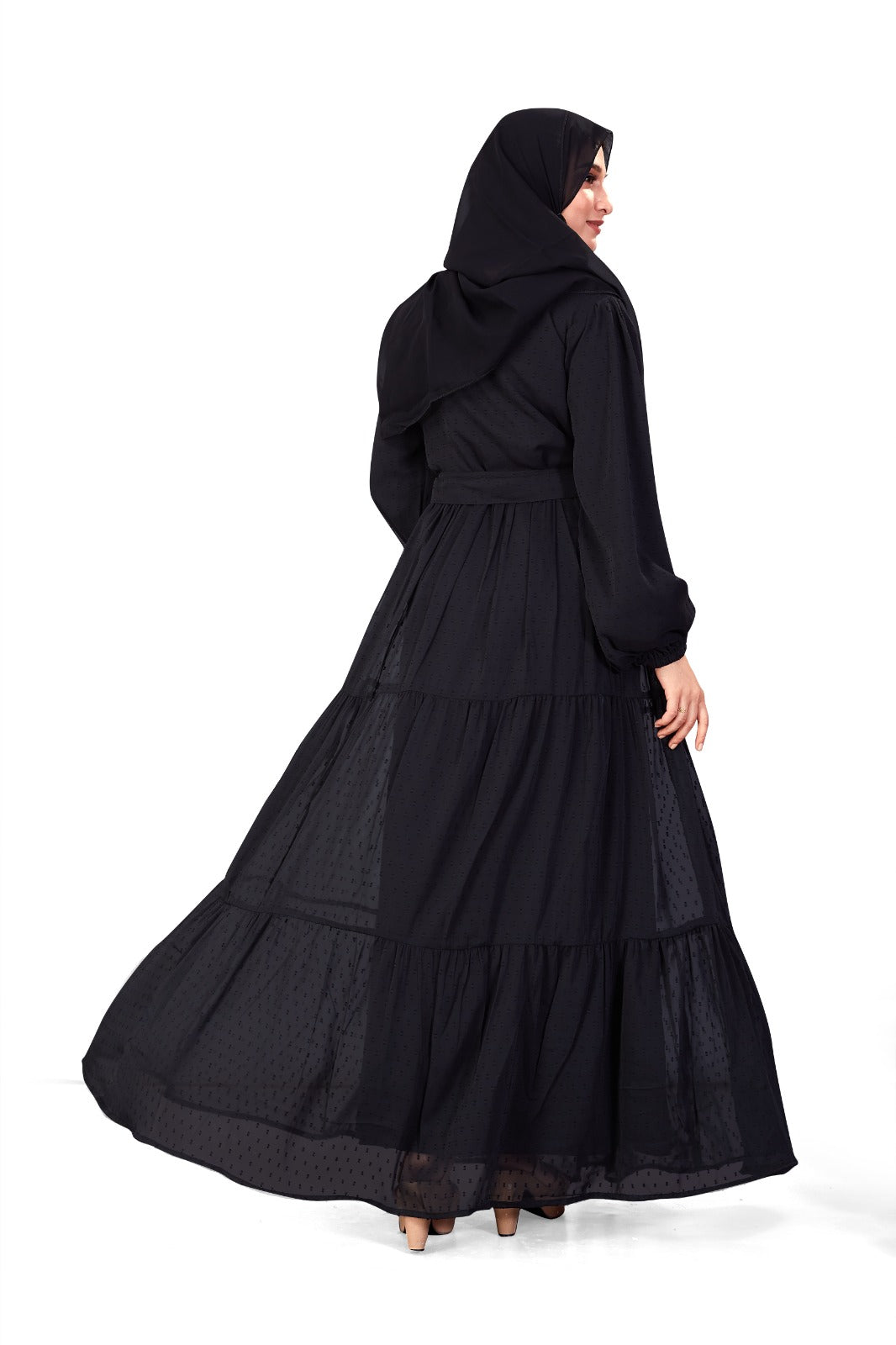 Women's Black Full-Length Maxi Dress with Belt & Puff Sleeves