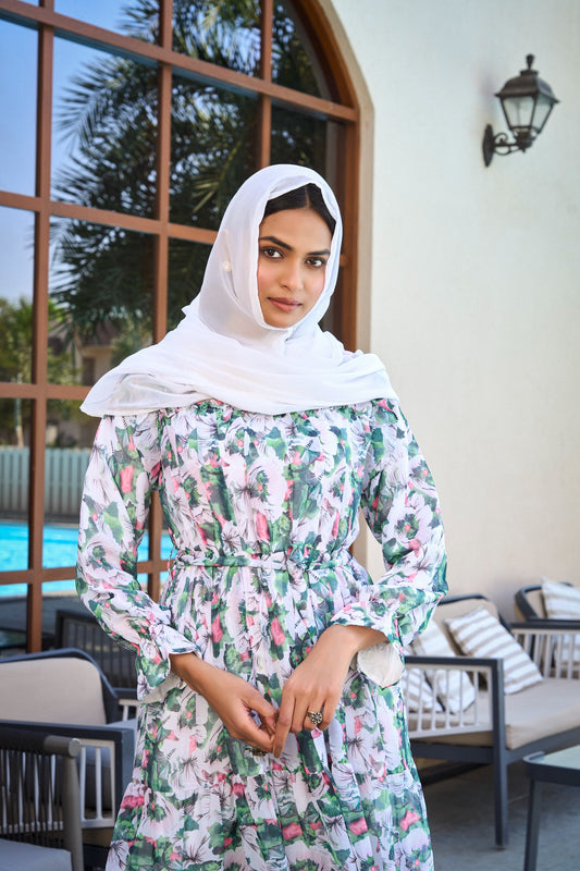 White Floral Print Maxi Dress with Waist Tie & Puff Sleeves