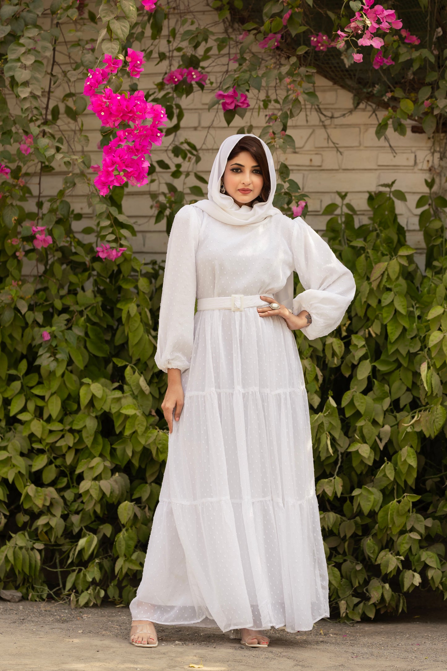 Women's White embellished Maxi Dress with Belt – Full Length 56 Inch