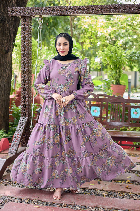 Stylish Purple Floral Print Maxi Dress for Women | Full Sleeve Long Gown