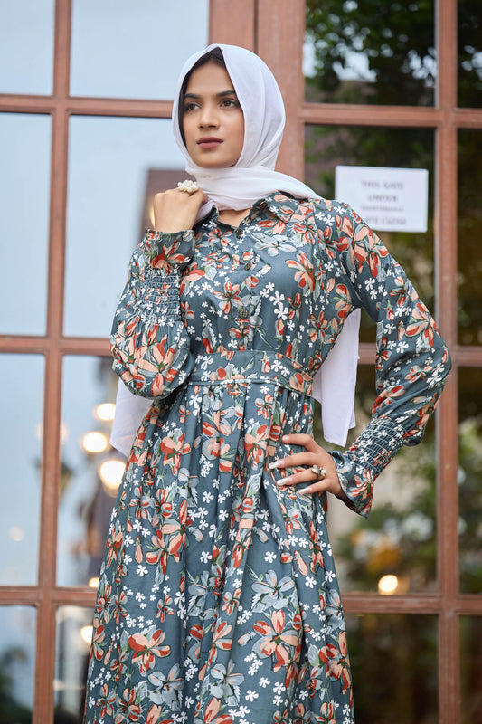 Elegant Crepe Maxi Dress in Floral Print – Smocked Cuffs | Modest Style