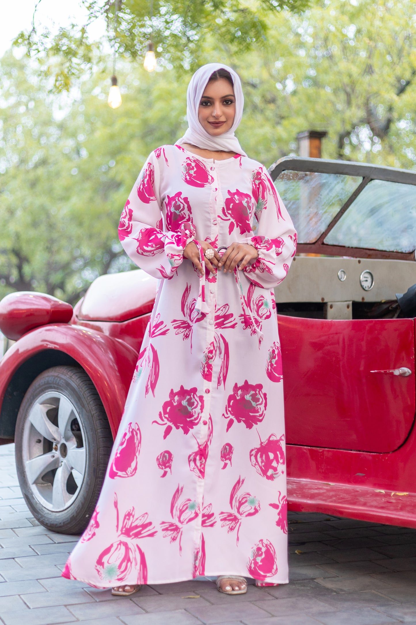 Women's White Nida Maxi Dress with Pink Floral Print & Waist Belt