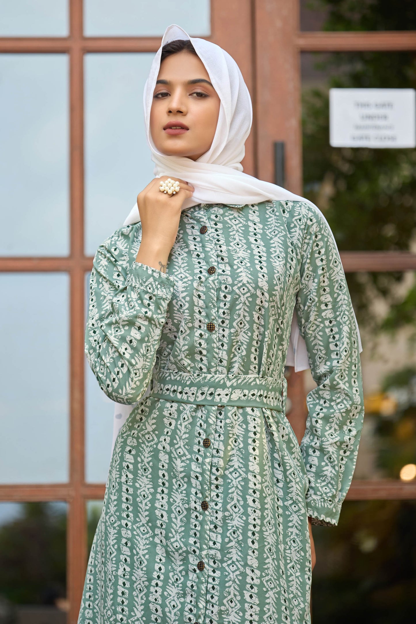 Elegant Green Printed Maxi Dress with Belt – Full Sleeve | Modest & Stylish