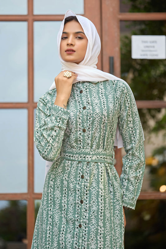 Elegant Green Printed Maxi Dress with Belt – Full Sleeve | Modest & Stylish