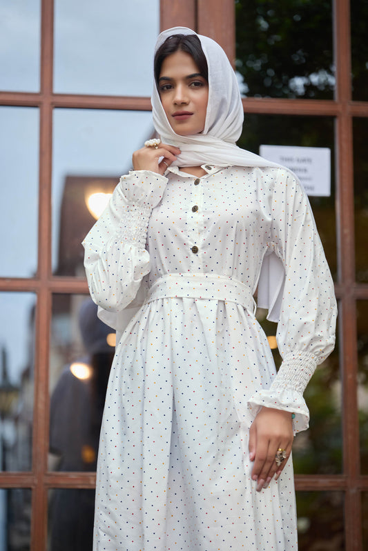 White Polka Dot Long Maxi Dress for Women – Full Sleeve Modest Ethnic Wear with Belted Waist & Button Detail