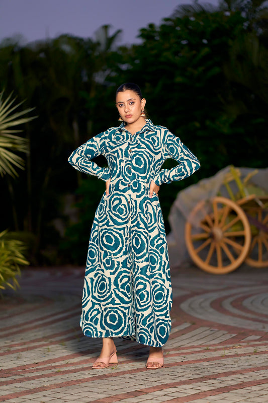 Women’s Abstract Printed Maxi Dress with Pocket & Front Buttons