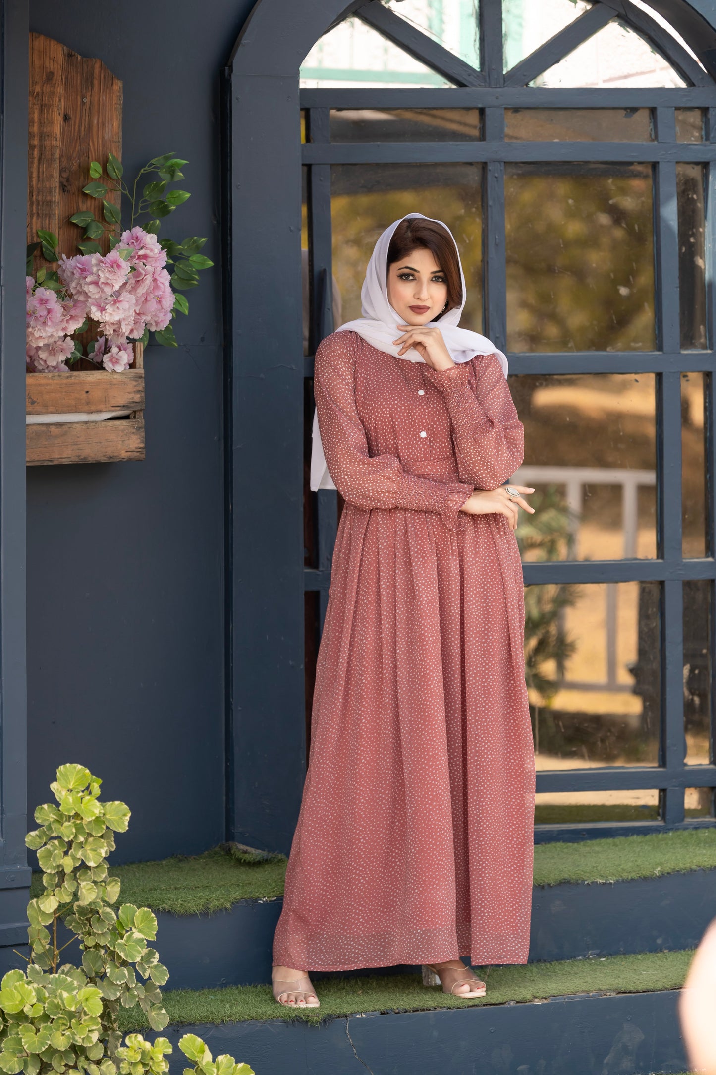 Women's Rust Red Polka Dot Long Maxi Dress with Buttoned & Full Sleeves