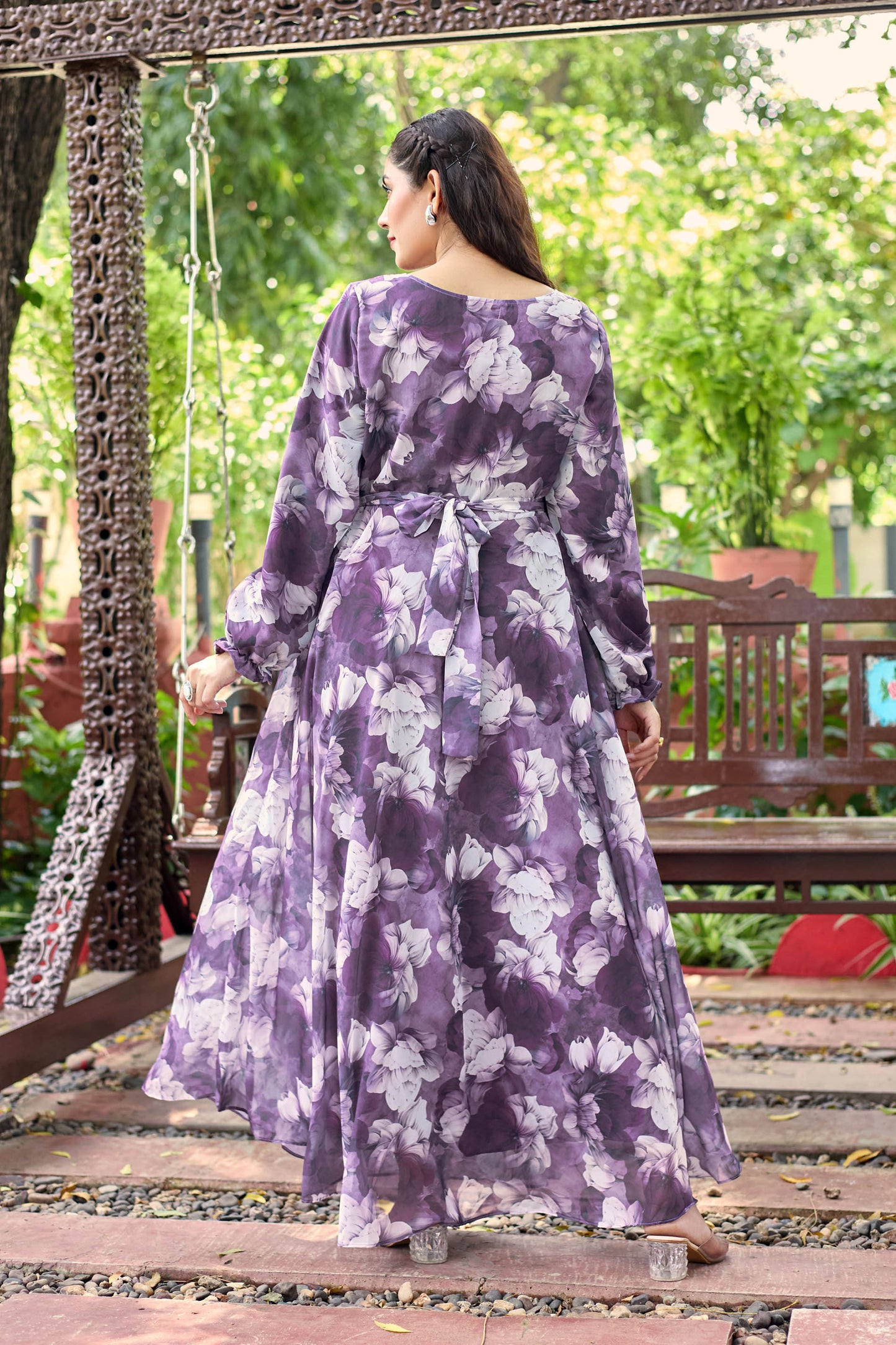 Flowy Purple Floral Print Crepe Maxi Dress – Modest & Stylish