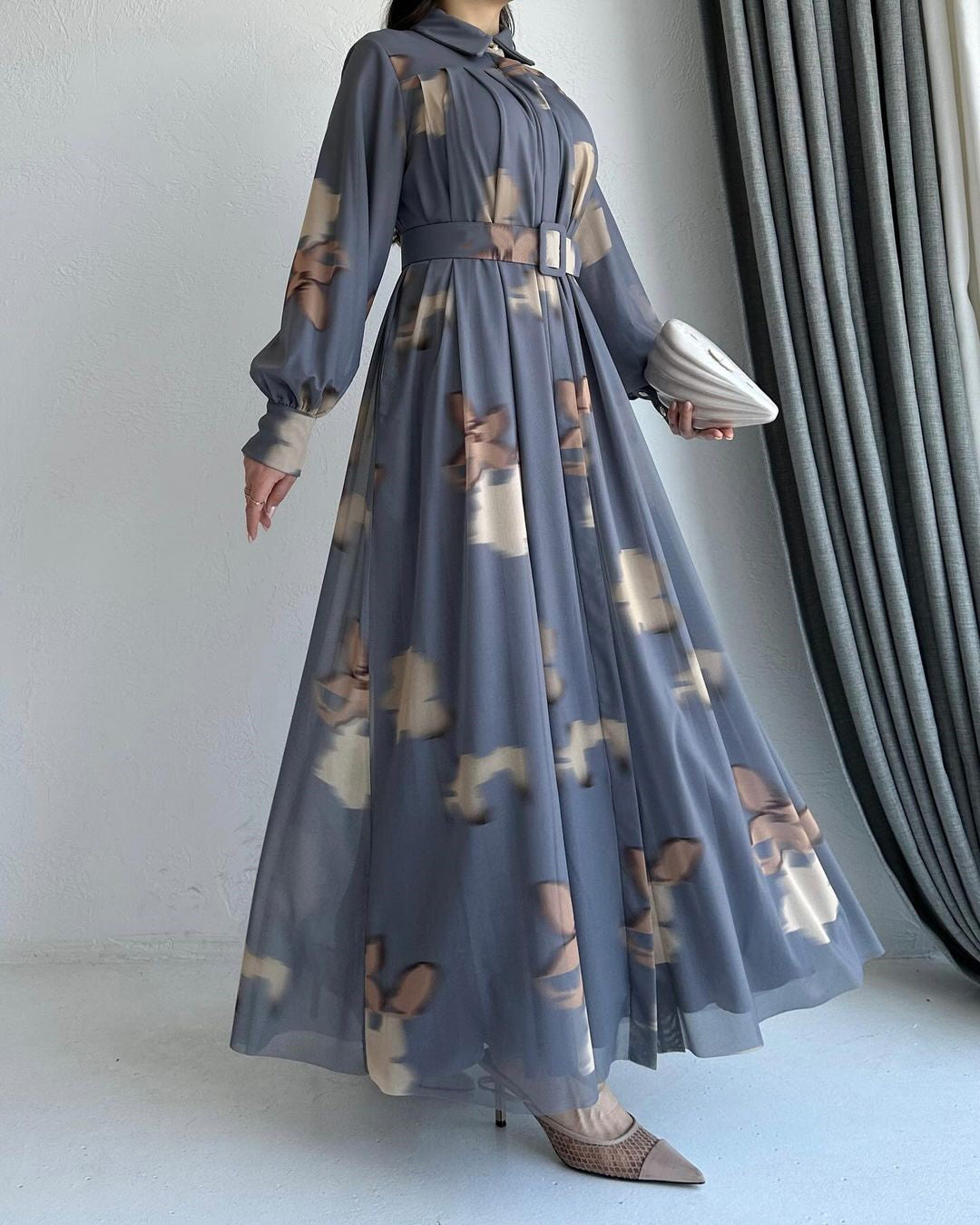 Elegant Grey Pleated Maxi Dress with Floral Print, Belted Waist & Side Pockets