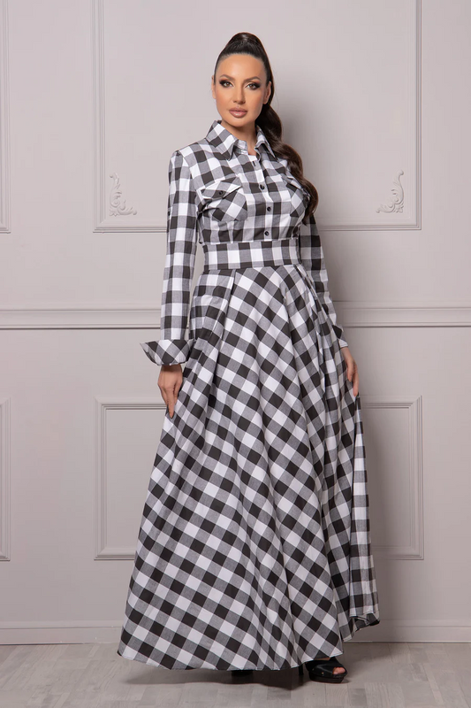 Women's Black & White Checkered Maxi Dress – Full Length 56 Inch, Shirt Collar, Long Sleeve