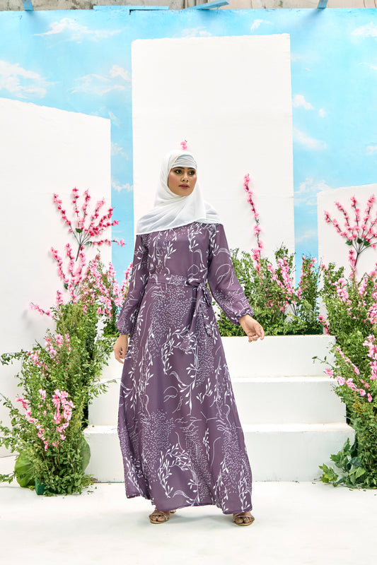 Elegant Maroon Printed Maxi Dress with Belt – Modest Full Sleeve Abaya for Women