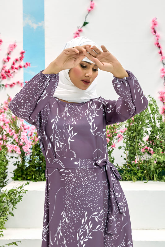 Elegant Maroon Printed Maxi Dress with Belt – Modest Full Sleeve Abaya for Women