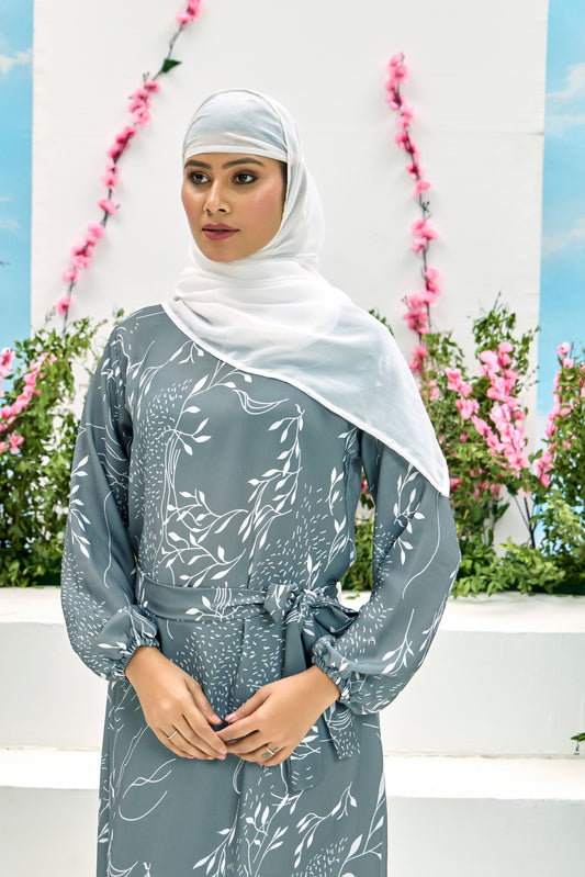 Elegant Grey Printed Maxi Dress with Belt – Modest Full Sleeve Abaya for Women
