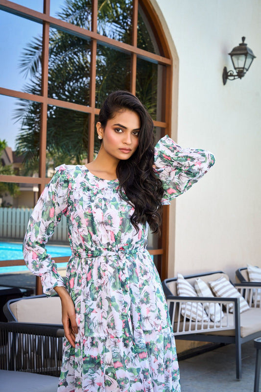 White Floral Print Maxi Dress with Waist Tie & Puff Sleeves