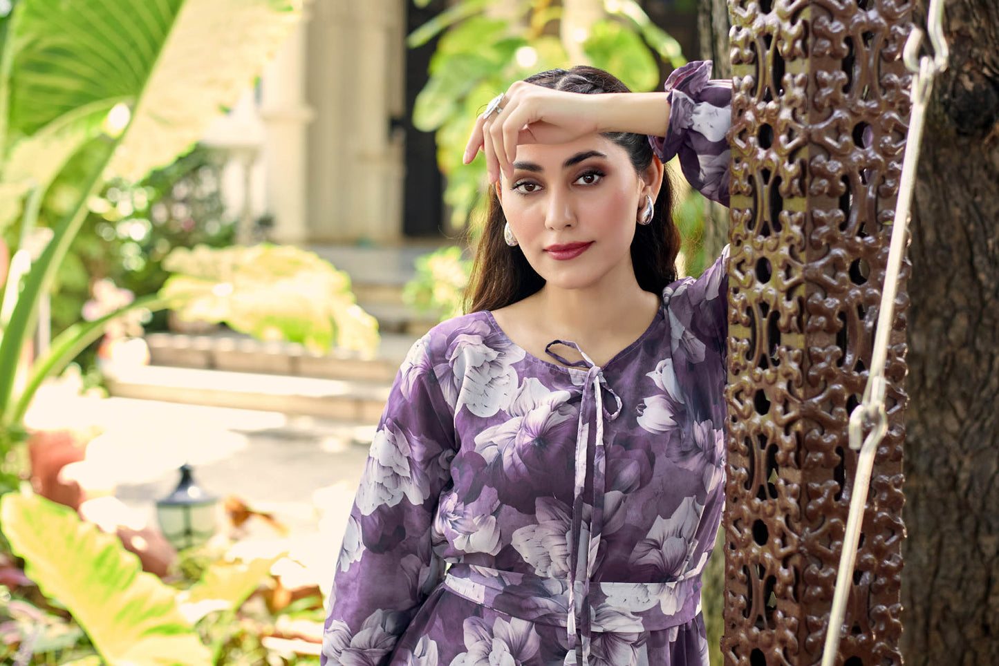 Flowy Purple Floral Print Crepe Maxi Dress – Modest & Stylish