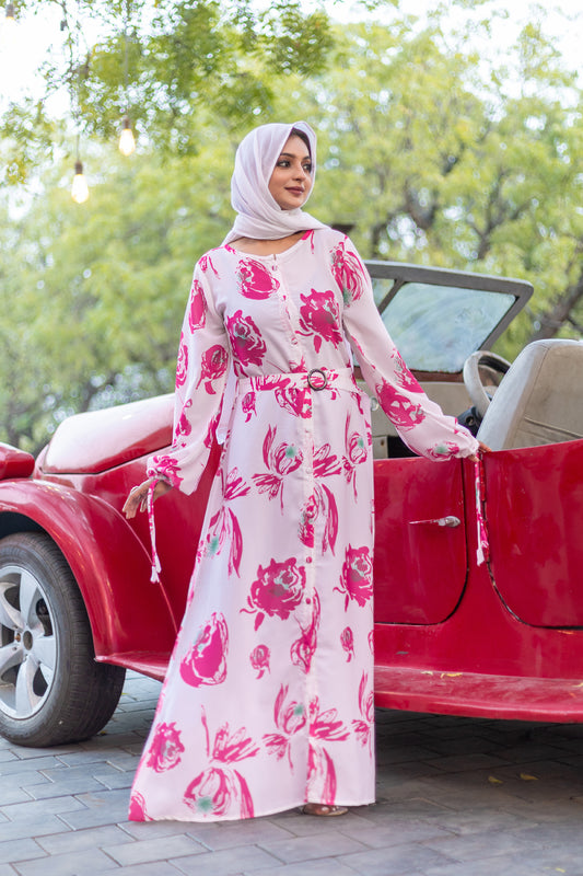 Women's White Nida Maxi Dress with Pink Floral Print & Waist Belt