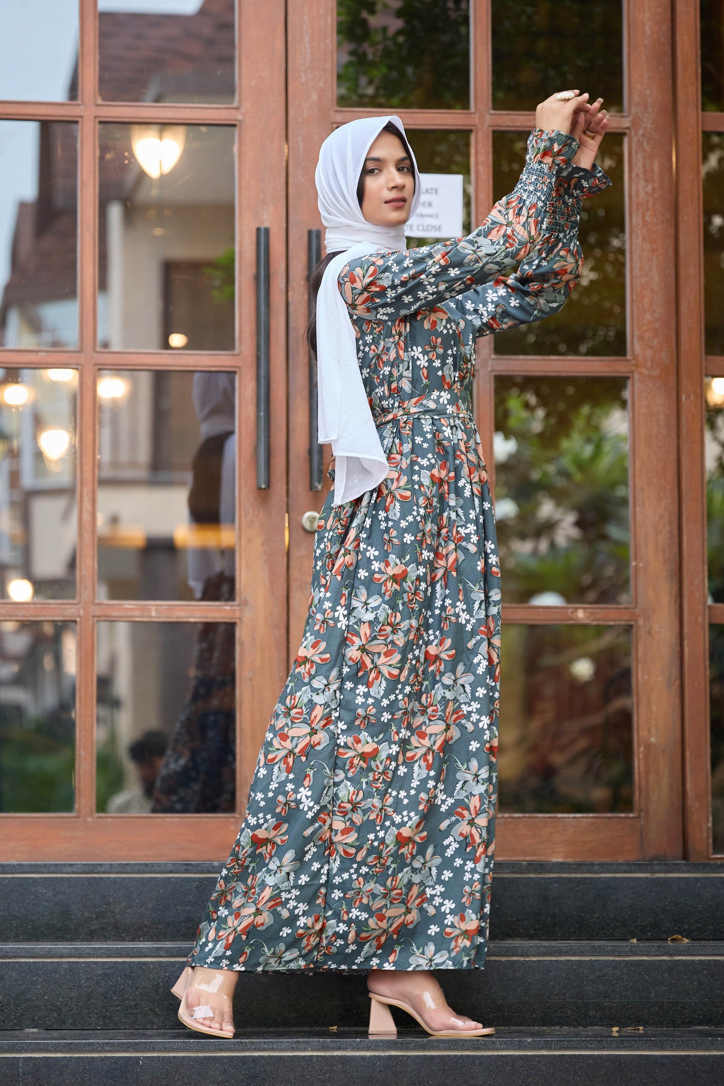 Elegant Crepe Maxi Dress in Floral Print – Smocked Cuffs | Modest Style