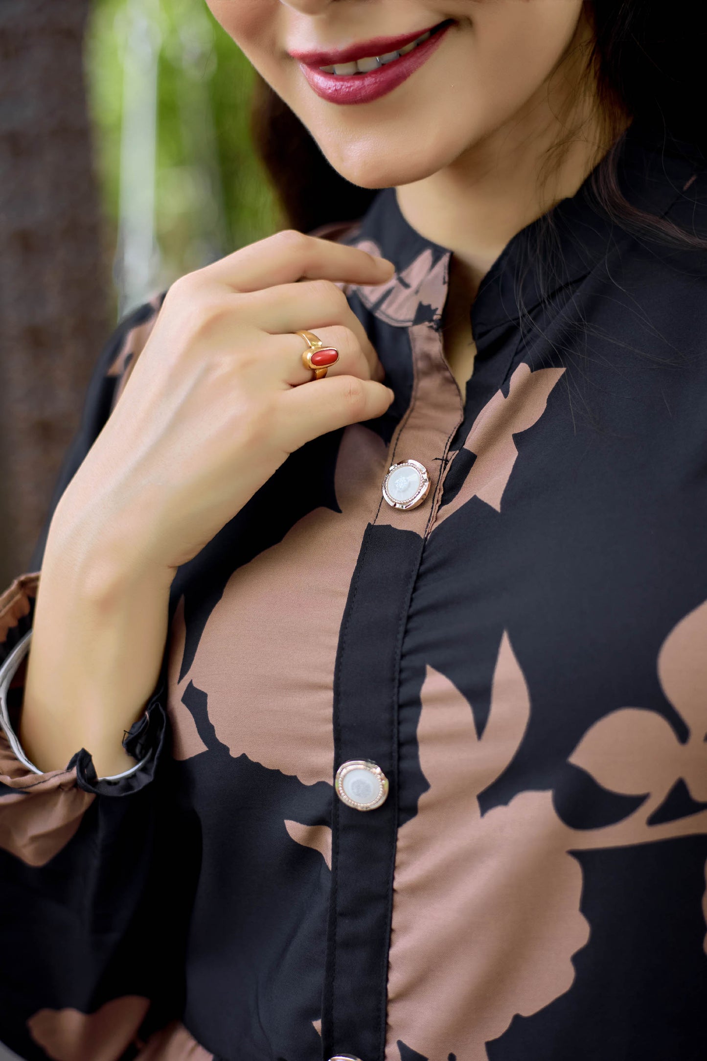 Black Floral Printed Long Maxi Dress for Women – Full Sleeve Stylish Ethnic Wear with Button Detail