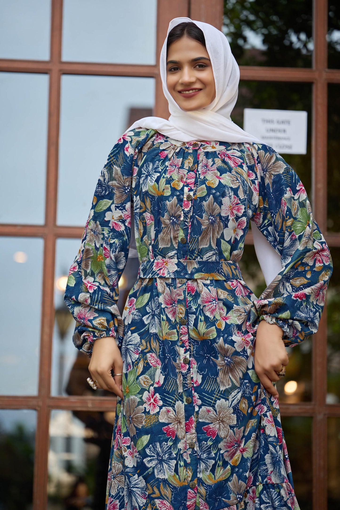 Women’s Floral Printed Maxi Dress | Long Sleeve Button Down Gown with Belt | Stylish Casual & Party Wear