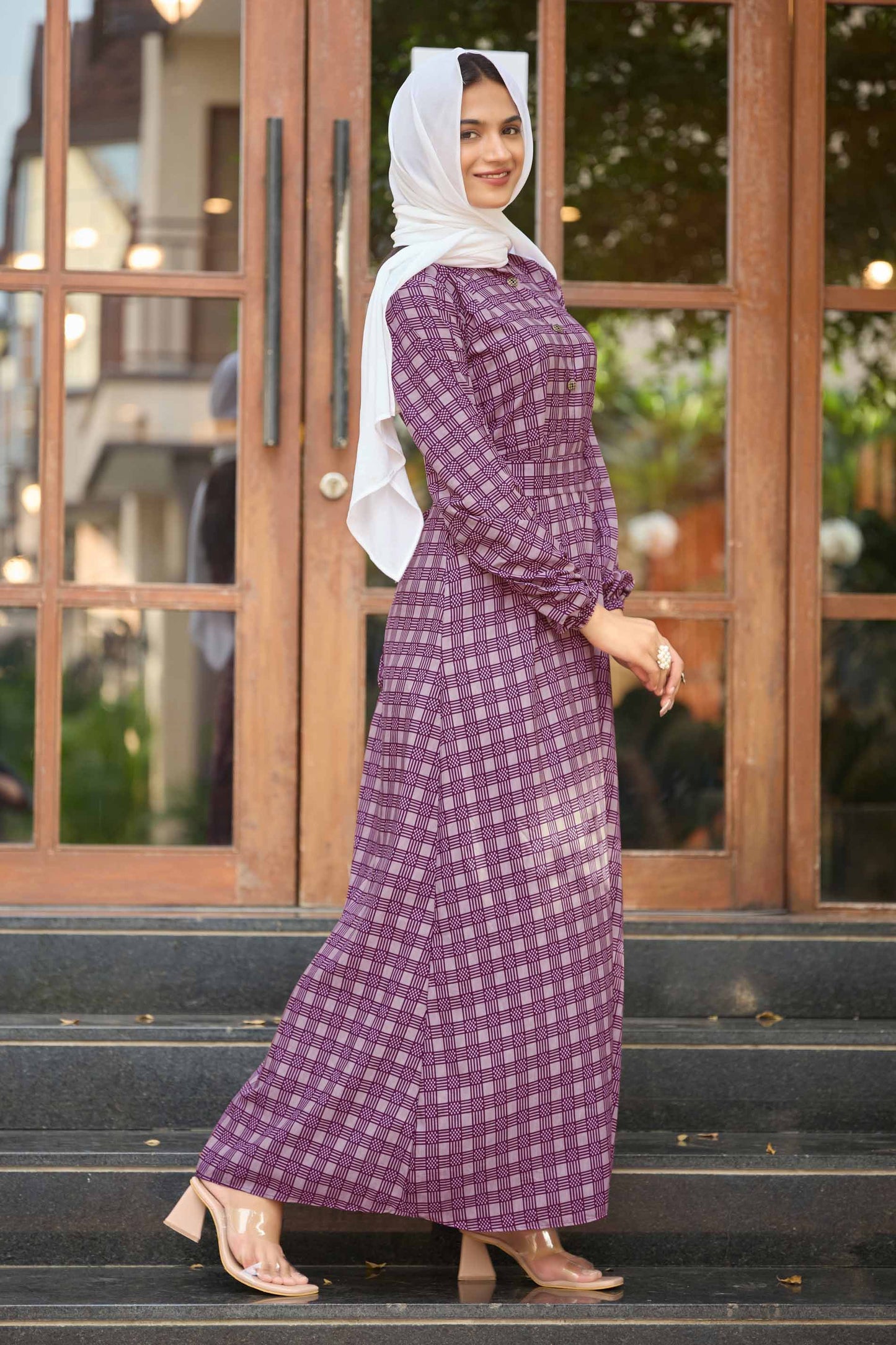 Women’s Elegant Purple Checkered Maxi Dress with Full Sleeves