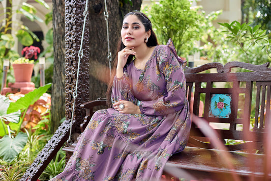 Stylish Purple Floral Print Maxi Dress for Women | Full Sleeve Long Gown