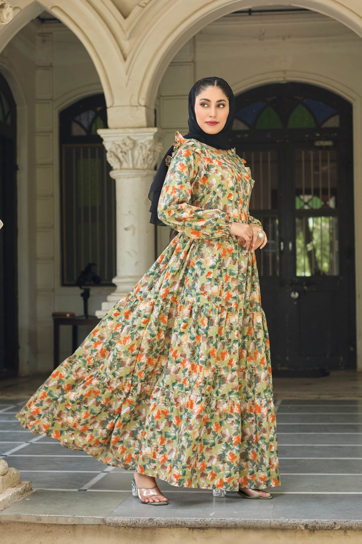 Designer Floral Printed Maxi Dress | Modest Fashion Long Sleeve Gown for Women