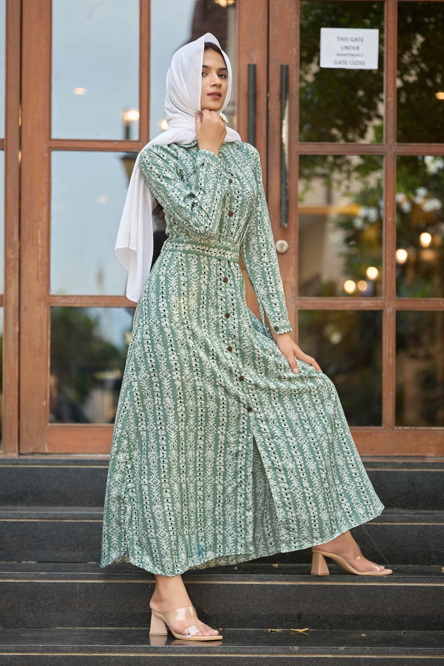 Elegant Green Printed Maxi Dress with Belt – Full Sleeve | Modest & Stylish