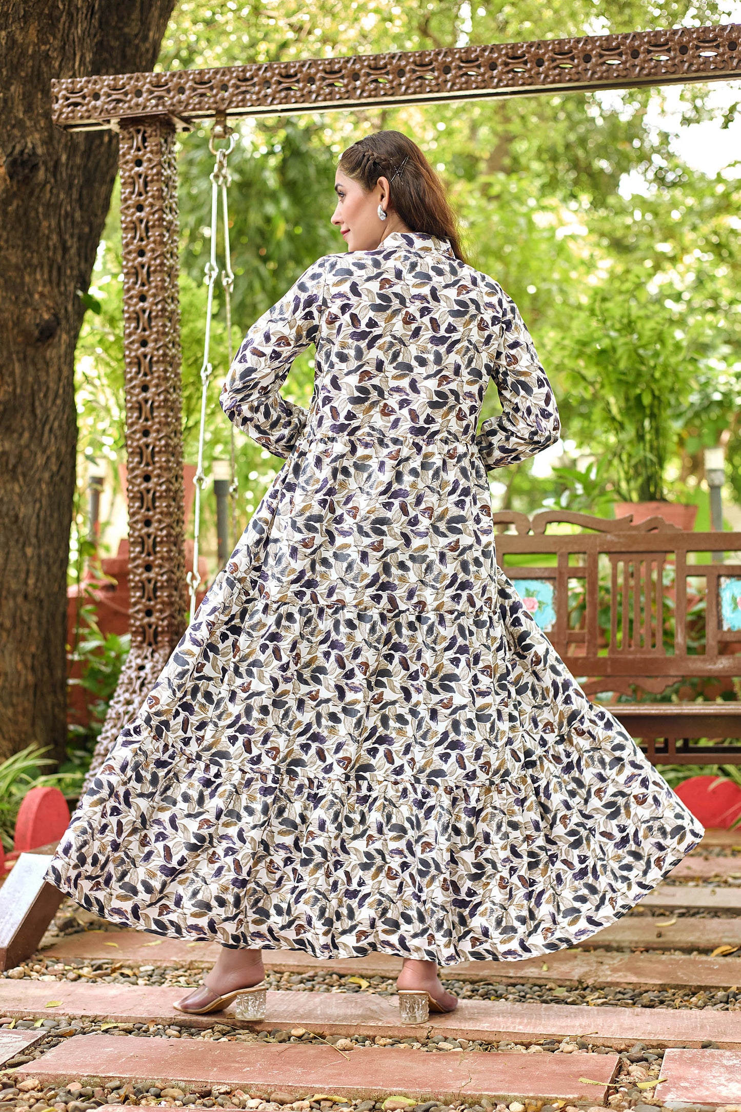 White Multicolor Leaf Printed Long Maxi Dress for Women – Full Sleeve Stylish Ethnic Wear with Button Detail