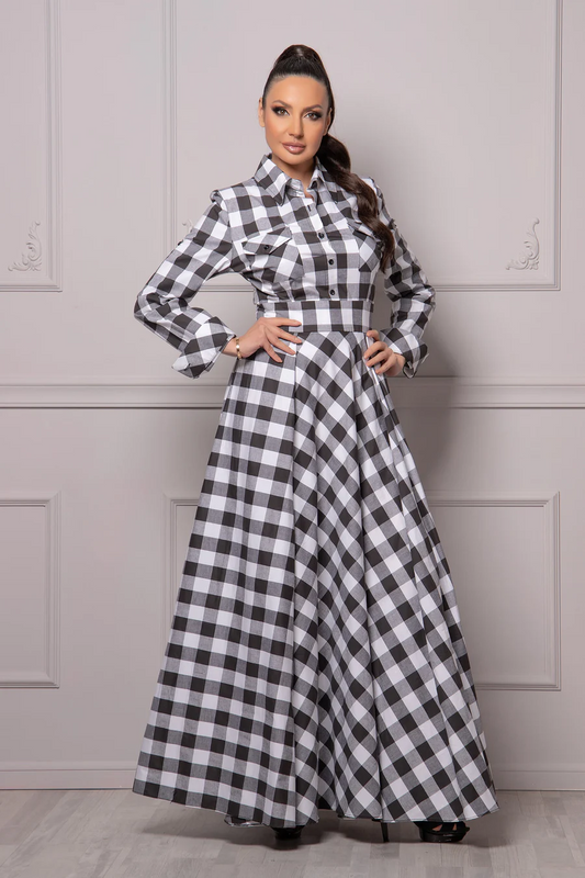 Women's Black & White Checkered Maxi Dress – Full Length 56 Inch, Shirt Collar, Long Sleeve