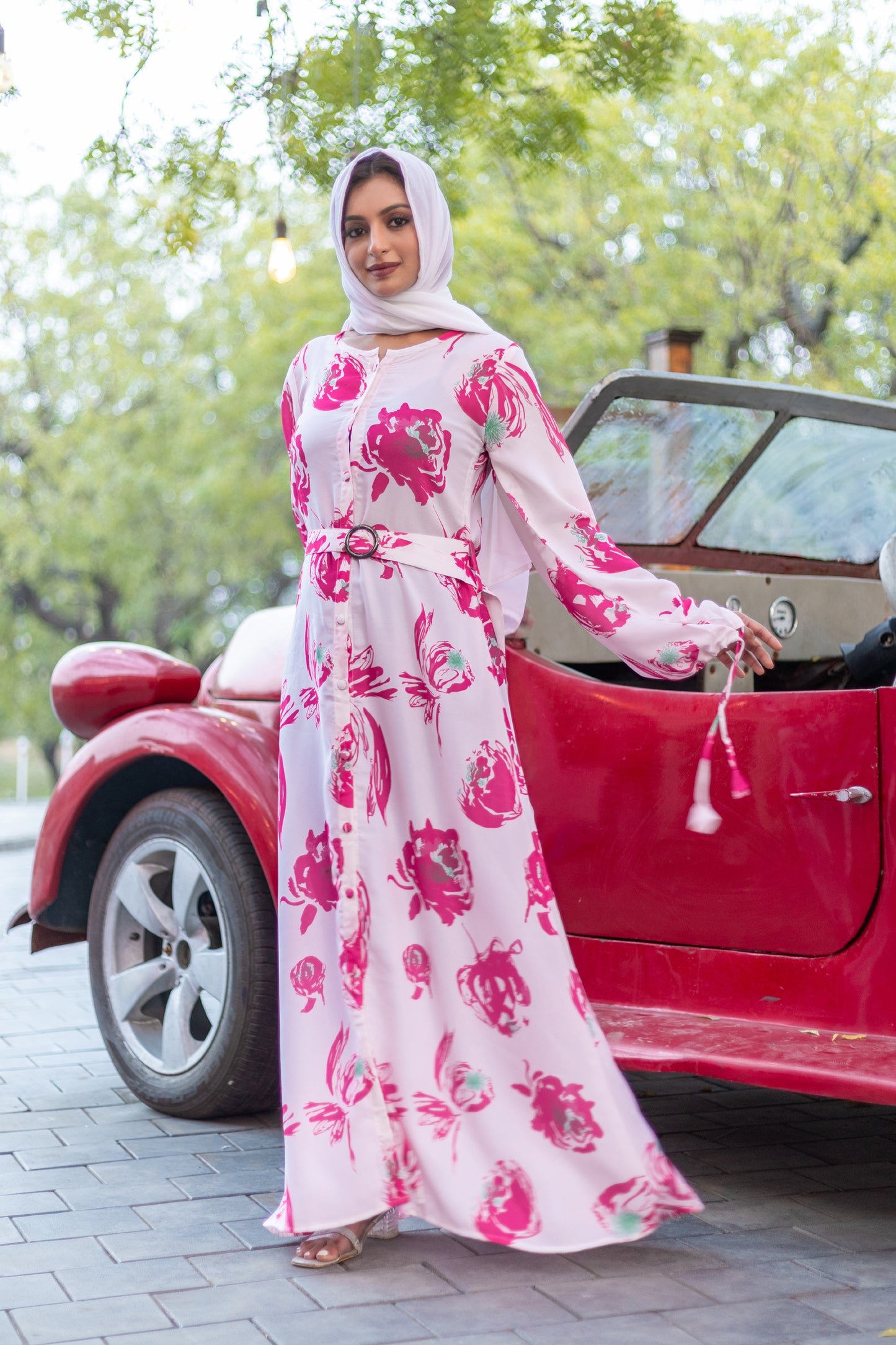 Women's White Nida Maxi Dress with Pink Floral Print & Waist Belt