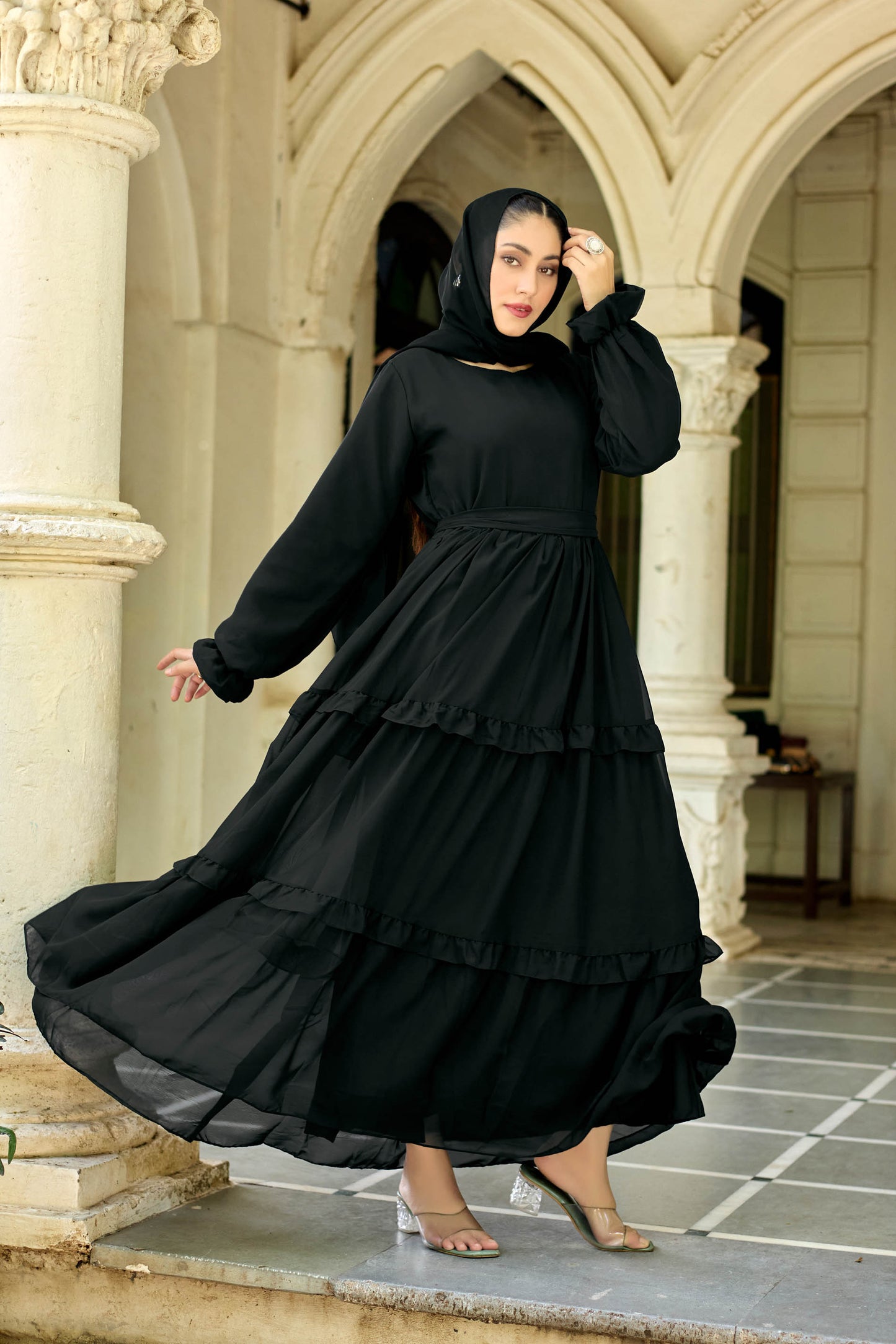"Elegant Black Solid Abaya Dress for Women – Full Sleeve Modest Long Ethnic Wear with Ruffle Detail"