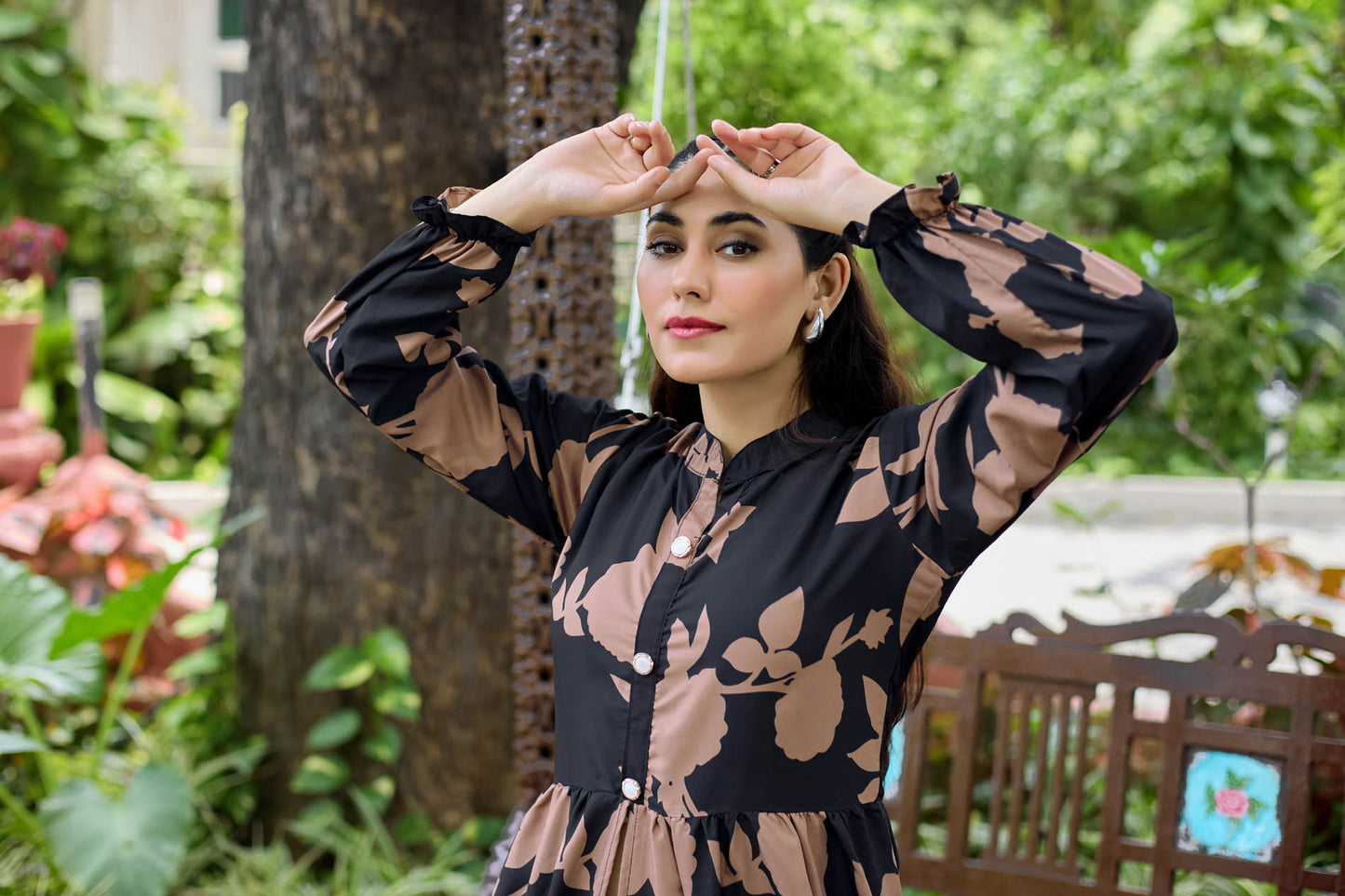 Black Floral Printed Long Maxi Dress for Women – Full Sleeve Stylish Ethnic Wear with Button Detail