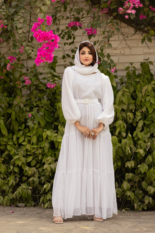 Women's White embellished Maxi Dress with Belt – Full Length 56 Inch