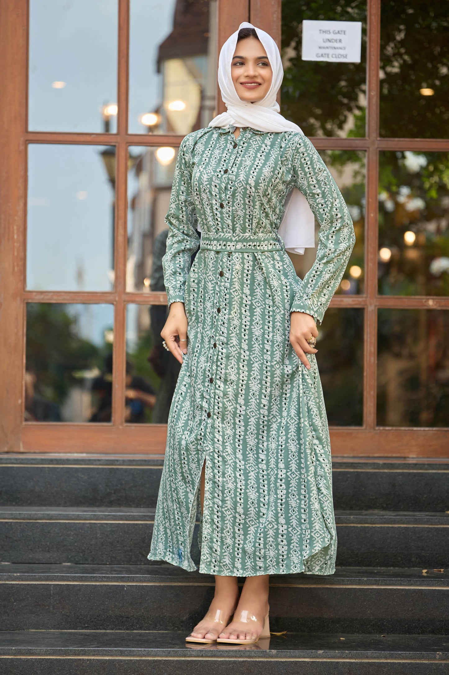 Elegant Green Printed Maxi Dress with Belt – Full Sleeve | Modest & Stylish