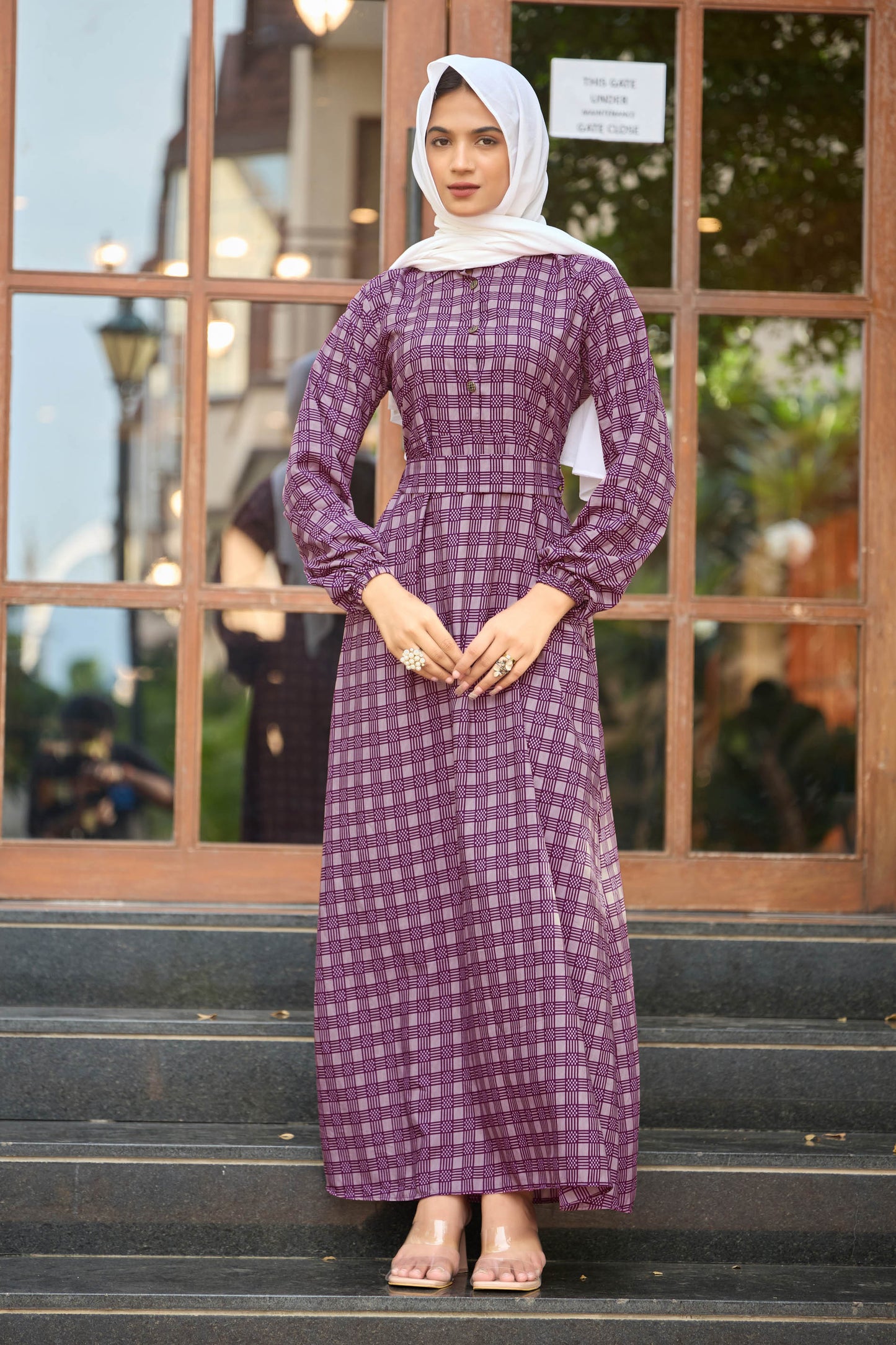 Women’s Elegant Purple Checkered Maxi Dress with Full Sleeves