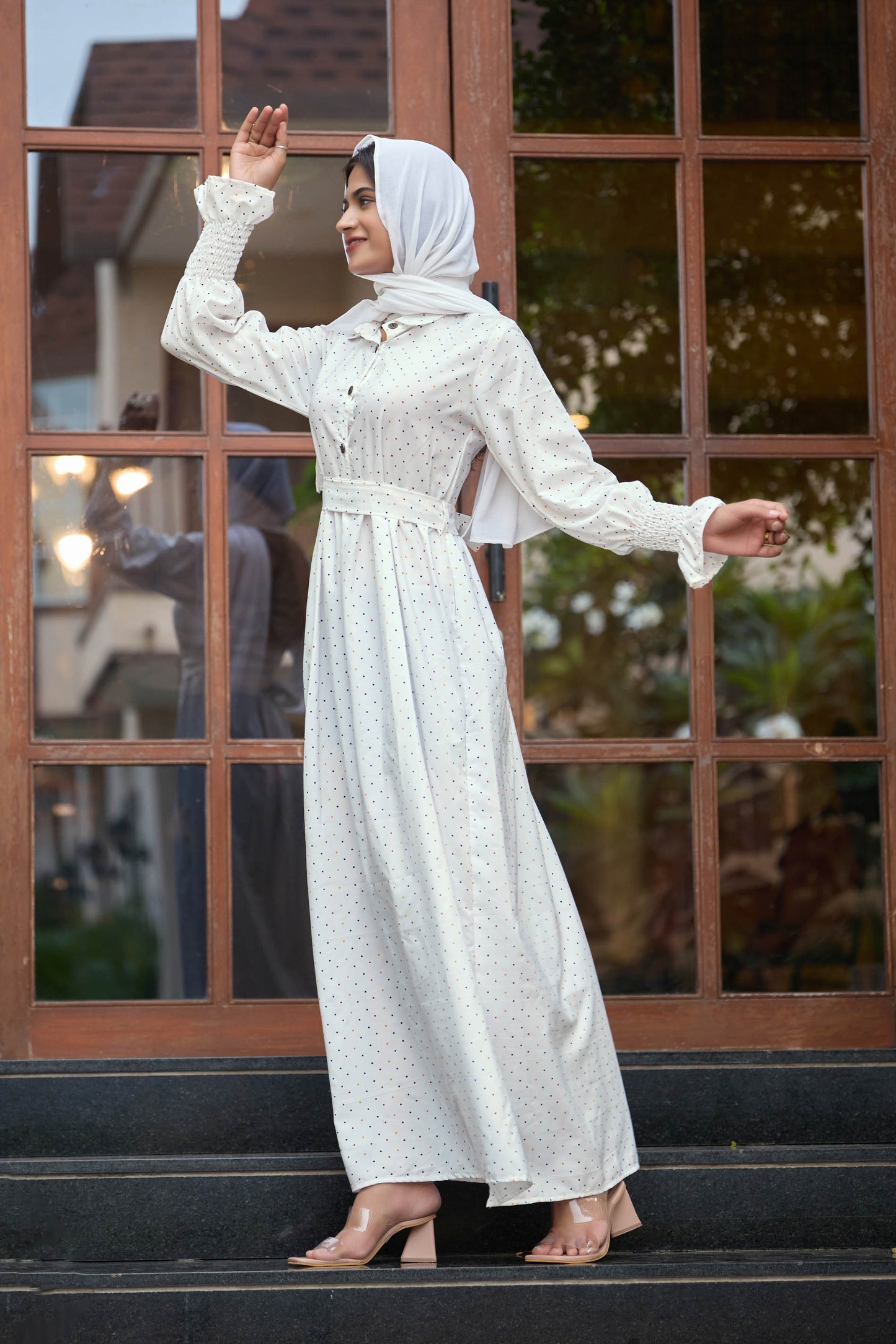 White Polka Dot Long Maxi Dress for Women – Full Sleeve Modest Ethnic Wear with Belted Waist & Button Detail