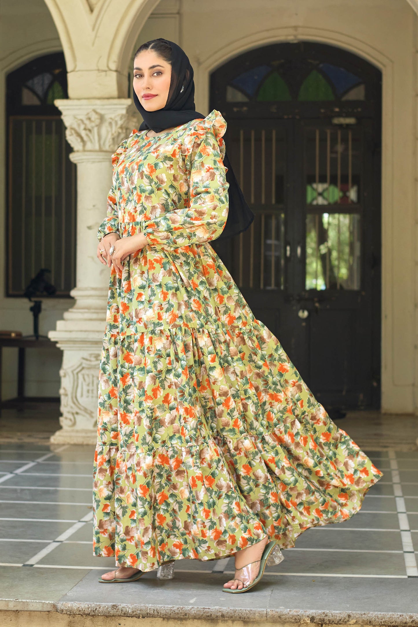 Designer Floral Printed Maxi Dress | Modest Fashion Long Sleeve Gown for Women