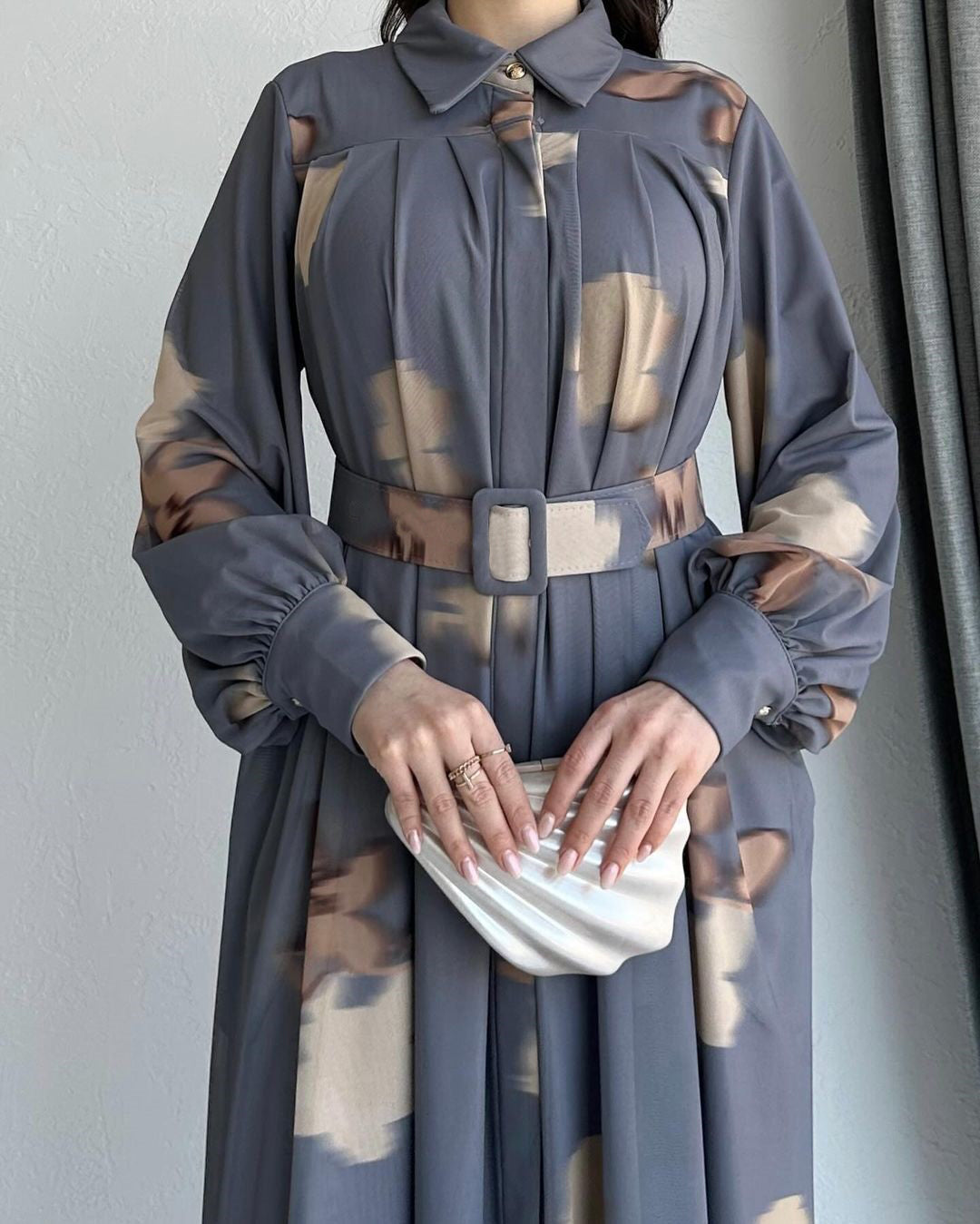 Elegant Grey Pleated Maxi Dress with Floral Print, Belted Waist & Side Pockets