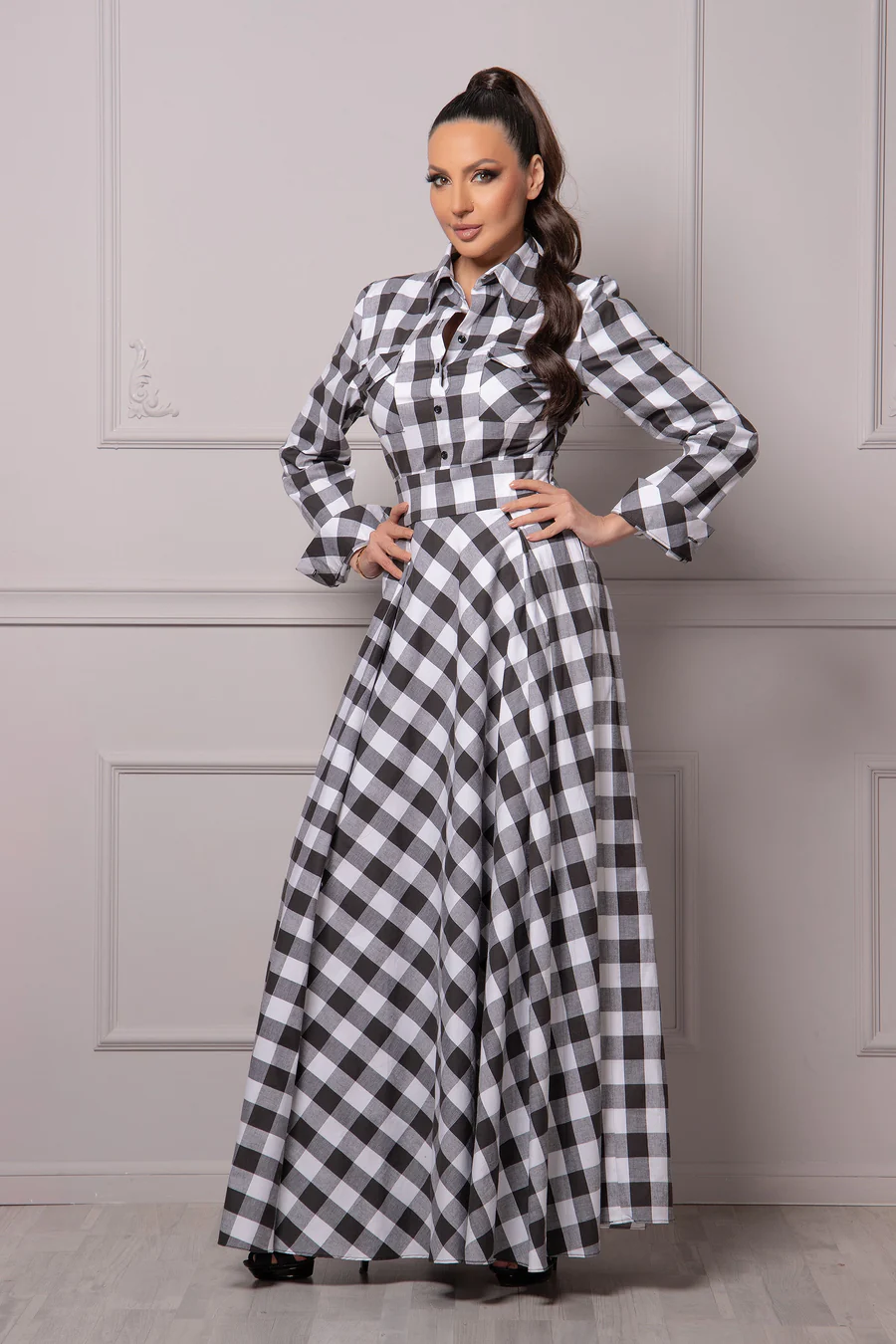 Women's Black & White Checkered Maxi Dress – Full Length 56 Inch, Shirt Collar, Long Sleeve