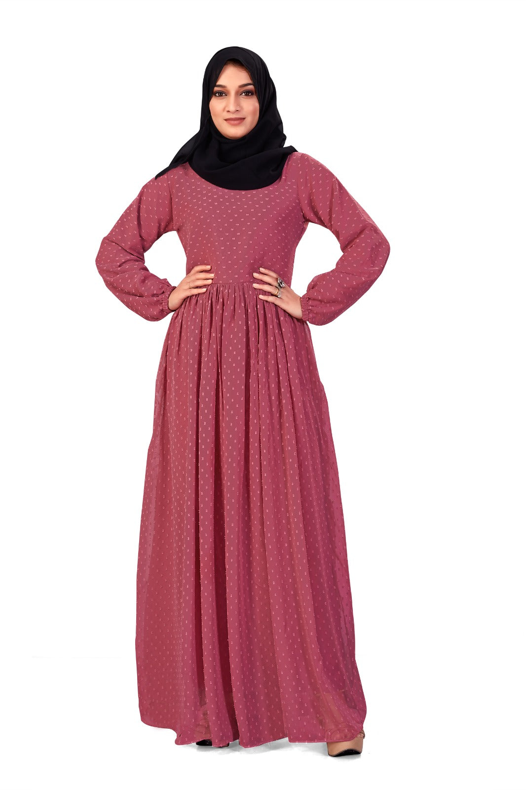 Women's Full-Length Brown Embellished Georgette Maxi Dress with Long Sleeves