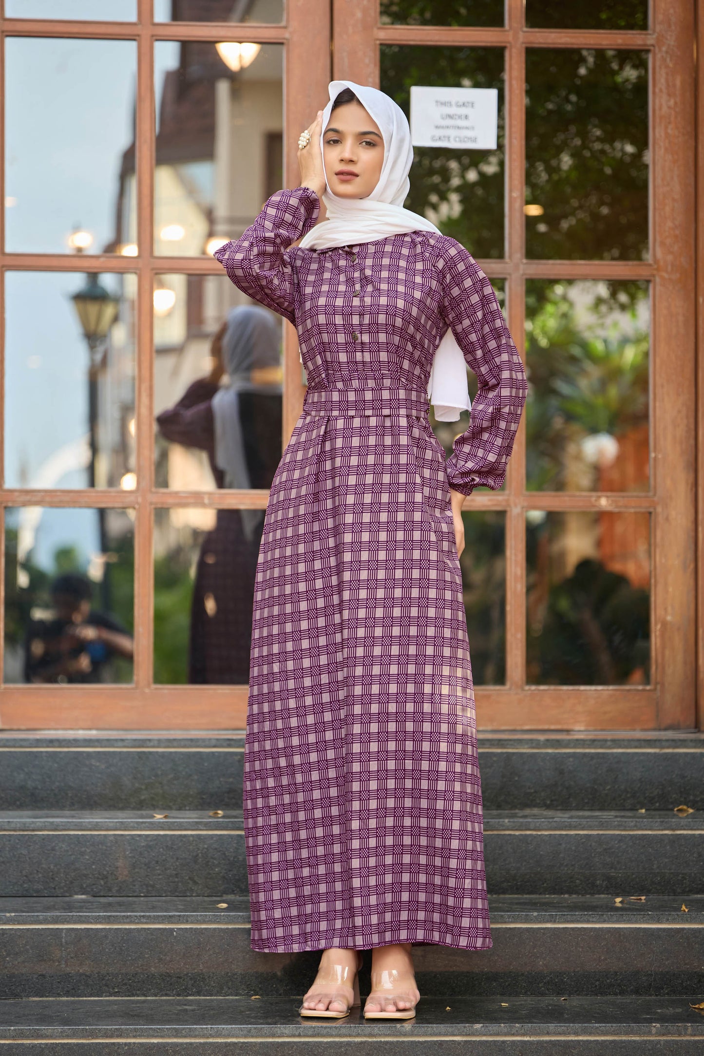 Women’s Elegant Purple Checkered Maxi Dress with Full Sleeves
