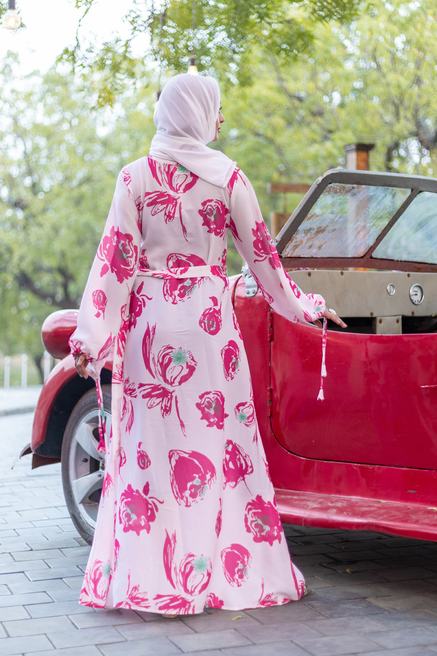 Women's White Nida Maxi Dress with Pink Floral Print & Waist Belt