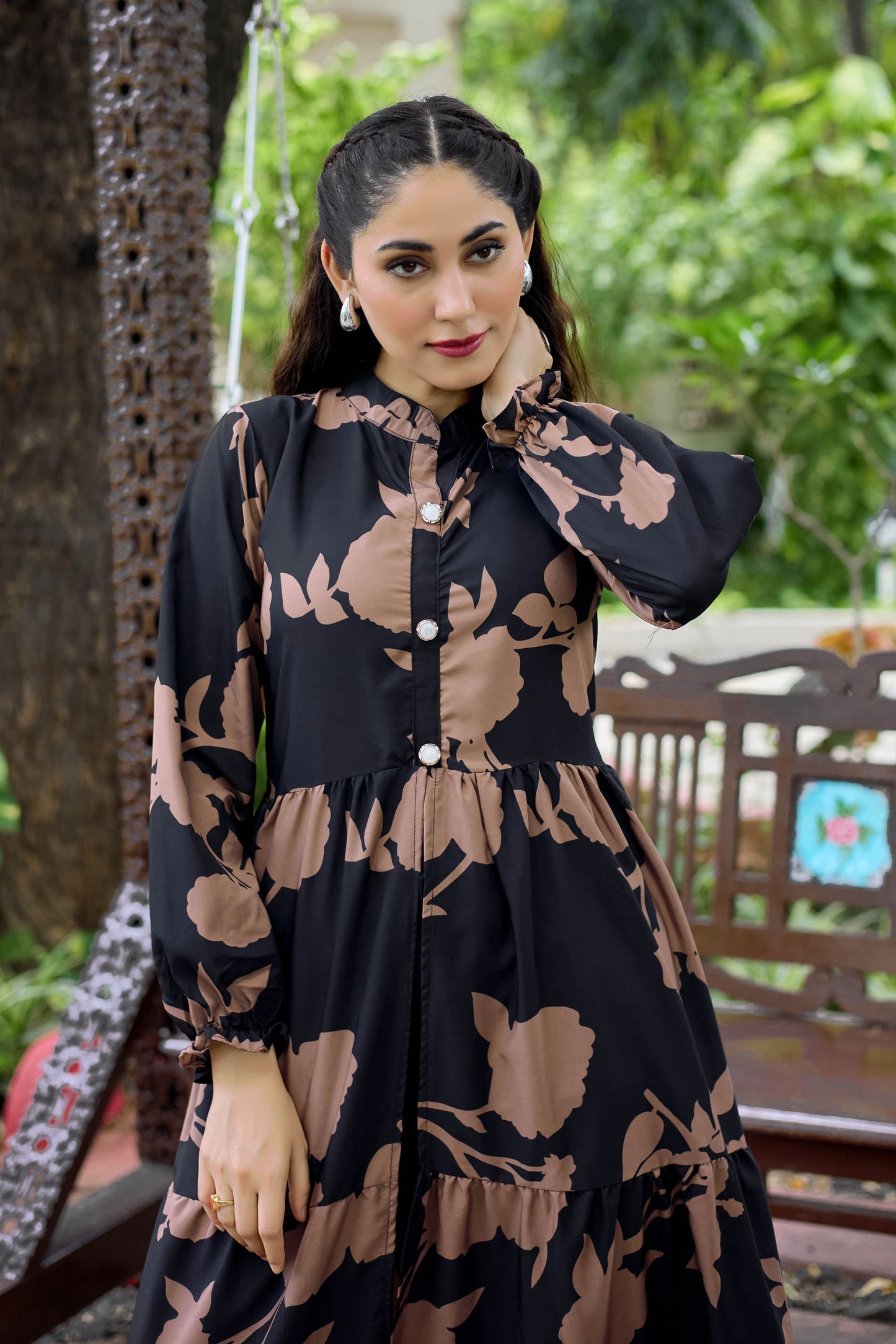 Black Floral Printed Long Maxi Dress for Women – Full Sleeve Stylish Ethnic Wear with Button Detail