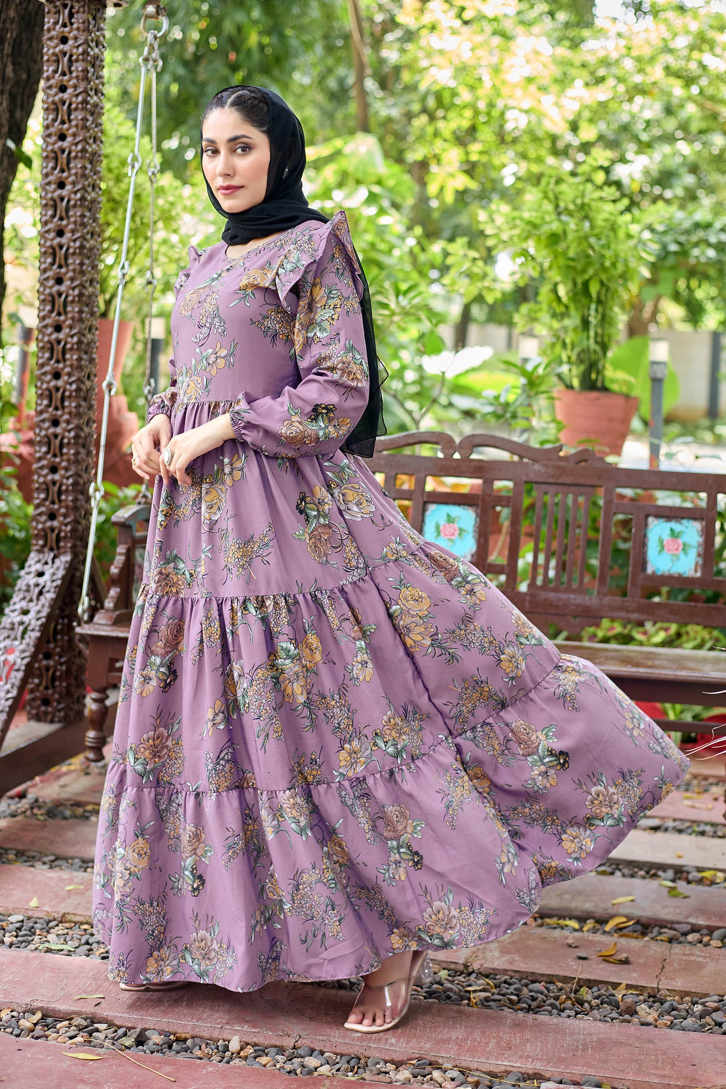 Stylish Purple Floral Print Maxi Dress for Women | Full Sleeve Long Gown