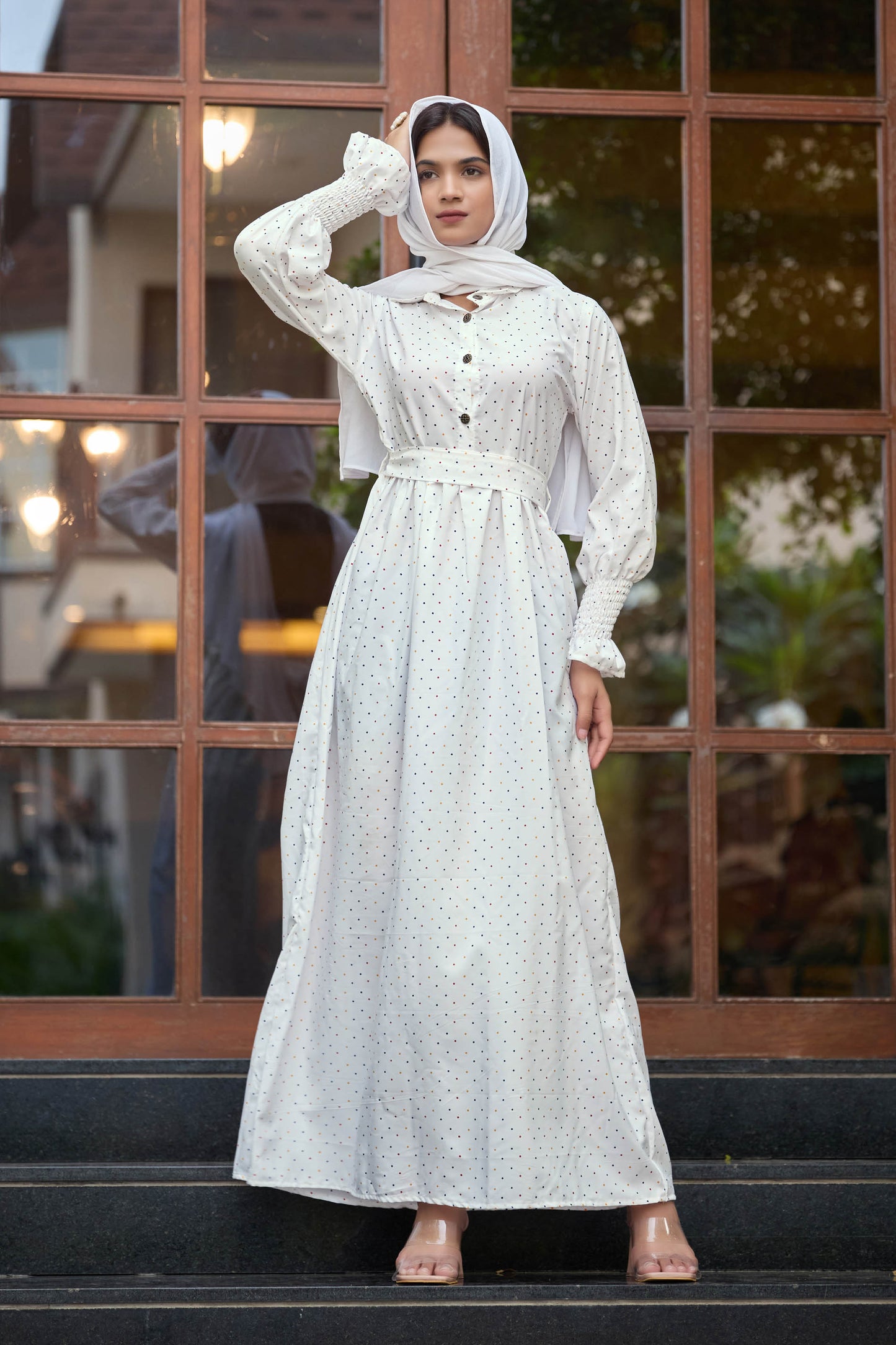 White Polka Dot Long Maxi Dress for Women – Full Sleeve Modest Ethnic Wear with Belted Waist & Button Detail