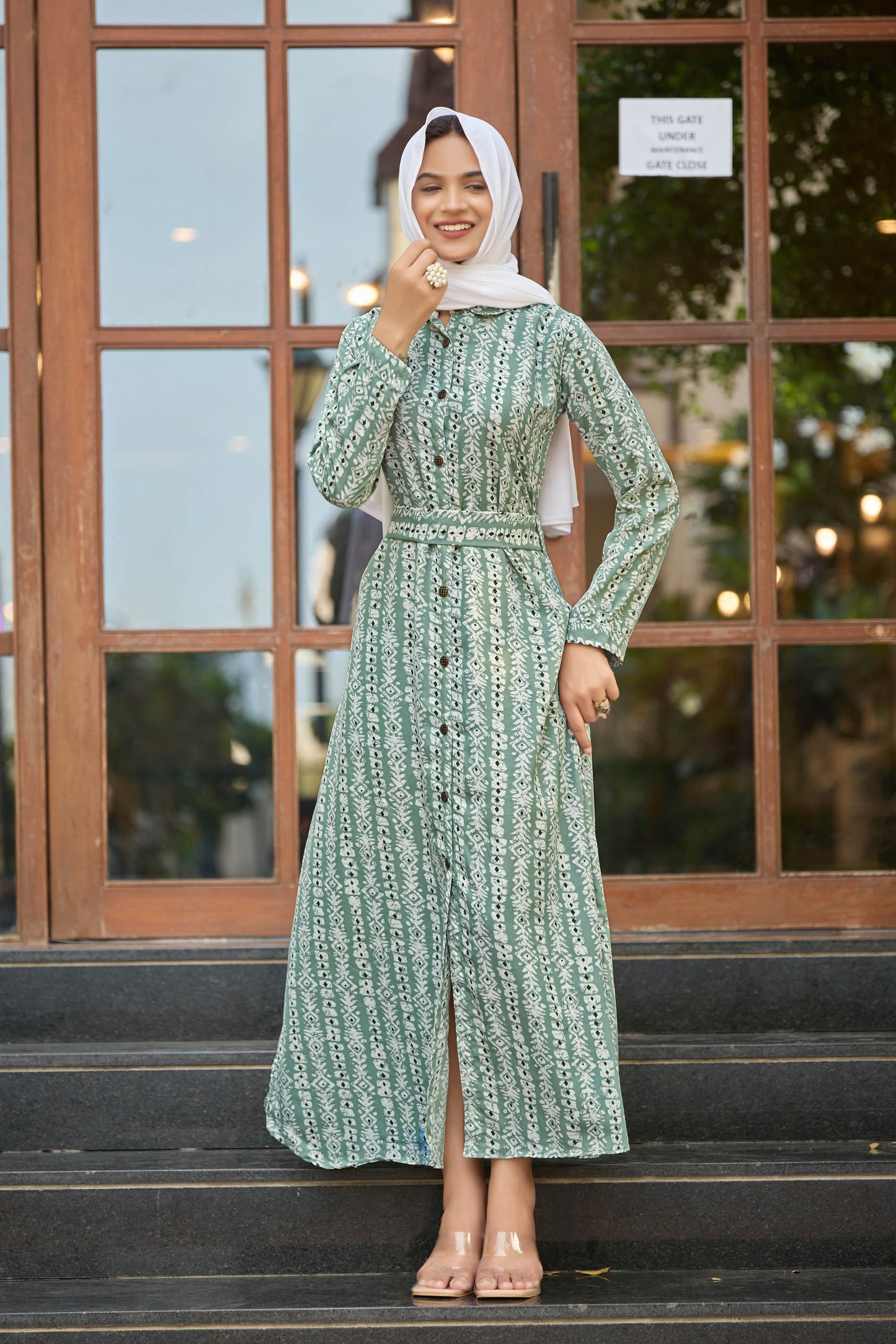 Elegant Green Printed Maxi Dress with Belt – Full Sleeve | Modest & Stylish